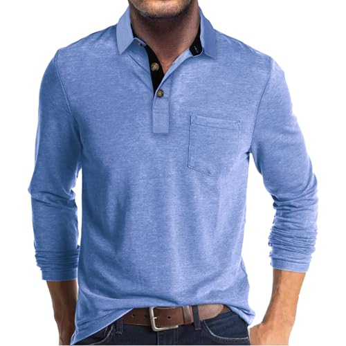 Zetieny Herren Poloshirt Langarm Button Down Polohemd Outdoor Casual Polo Tops Basic Leichtes Polo Hemd mit Tasche von Zetieny