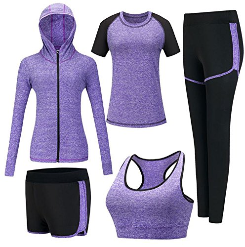 ZETIY Damen Traingsanzug Yoga Kleidung Anzug 5er-Set Sportanzüge Jogginganzug Gym Fitness Kleidung Laufbekleidung Sportswear Sport Yoga Outfit Damen BH Leggings Set - Violett - L von ZETIY