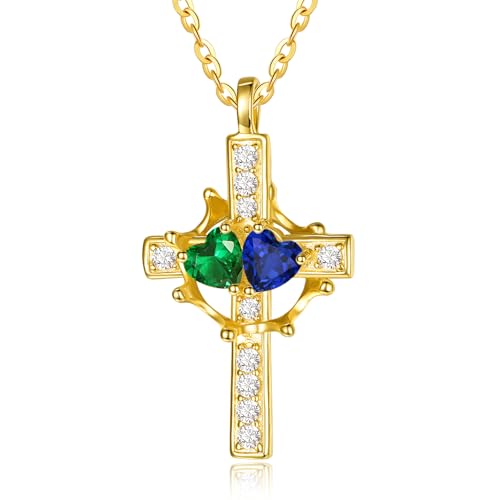 Gold Kreuz Halskette für Frauen Sterling Silber Kreuz mit Krone Halskette 14k Gold Anhänger Smaragd Saphir Schmuck Mai September Geburtsstein Schmuck Geburtstag Geschenke für Frau von Zeuslia
