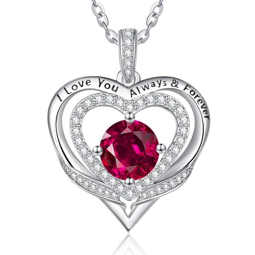 Zeuslia Herz Anhänger Kette Damen Silber 925 Herzkette Herz Halskette Rubin Anhänger Kette mit Geburtsstein Juli Schmuck Geschenk für Frauen von Zeuslia