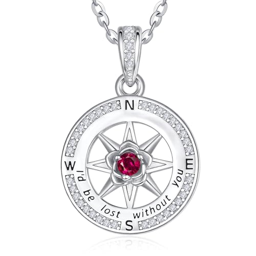 Zeuslia Kompass Anhänger Kette Damen Silber 925 Kompasskette Kompass Halskette Rubin Anhänger Kette mit Geburtsstein Juli Schmuck Abschluss Geschenk für Frauen von Zeuslia