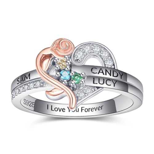 Personalisierter Ring für Frauen Sterling Silber graviert Namen benutzerdefinierte 3 Geburtssteine Herz Rose Ring Hochzeitstag Geburtstagsgeschenke von Zeuslia