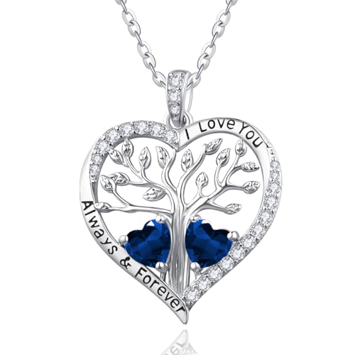 Zeuslia Geburtsstein Kette September Silber Halskette Damen 925 Baum des Lebens Kette Liebe Herz Halskette Damen Jahrestag Geburtstag Schmuck Jubiläum Geschenk für Ehefrau mit Saphir Anhänger von Zeuslia