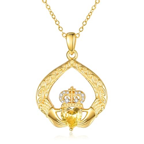 Zeuslia Gold Claddagh Halskette für Frauen Citrin Halskette November Geburtsstein Sterling Silber Irisch Claddagh Anhänger 14k vergoldet Schmuck Jubiläum Hochzeit Geburtstagsgeschenke für Frauen von Zeuslia