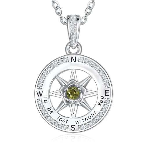 Zeuslia Kompass Anhänger Kette Damen Silber 925 Kompasskette Kompass Halskette Peridot Anhänger Kette mit Geburtsstein August Schmuck Abschluss Geschenk für Frauen von Zeuslia