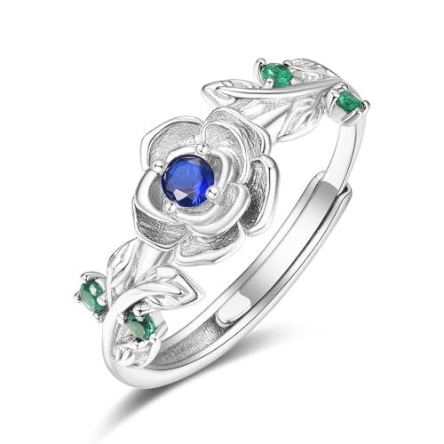 Zeuslia Rose Ringe 925 Silber Verstellbar Saphir Ring Mit Geburtsstein September Schmuck Geschenke für Damen Frauen von Zeuslia