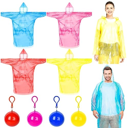 Zeuwets 4 Stück Portable Poncho Ball, Regenponcho Einweg, Tragbar Regenumfang Regencape, Wasserdicht Notfall Regenjacke, Regenmante Regenmäntel mit Kapuze, Regen Poncho Rain Poncho Damen Herren von Zeuwets