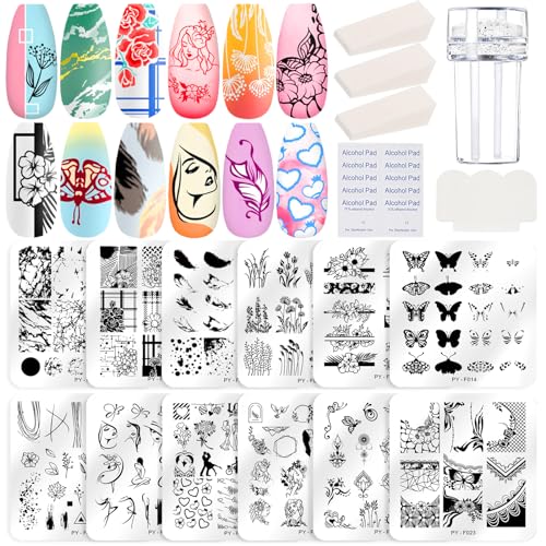 Zeuwets Nail Art Stamping Templates Set, 12 Stück Nagel Kunst Stempel Schablonen, Nail Art Plates, Nagel Stempelplatte Maniküre Tool für Nail Design, Maniküre Druck, Nägel Transfer Werkzeuge von Zeuwets