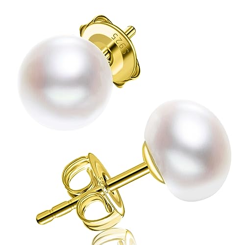 Damen Perlen Ohrringe 925 Sterling Silber Vergoldete 8mm Button Weiß Süßwasser Perlen Ohrstecker von Zevmi