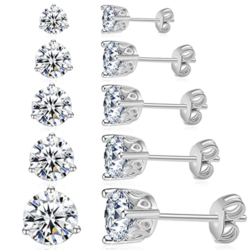 Silber Ohrstecker Set für Herren Damen: 5 Paare Sterling Silber Ohrstecker Set mit Simulierten Diamanten, 3,5,6,7,9mm Hypoallergene Zirkonia-Ohrstecker von Zevmi