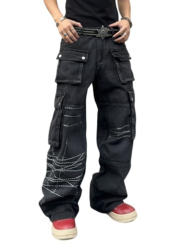 Zewool Herren Gothic Baggy Cargo Jeans mit Taschen Y2K Hip Hop Weite Beinform Skater Denim Cargo-Hosen Streetwear Goth Steampunk Harajuku Punk Lockere Passform 2000er Skateboard,B10 Schwarz,XS von Zewool