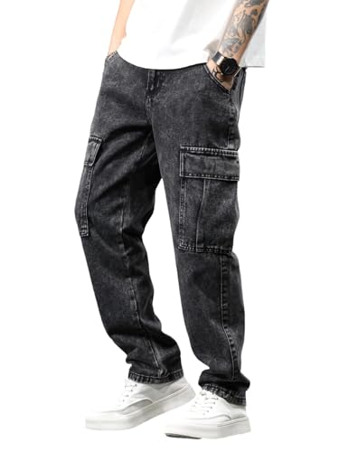 Zewool Herren Baggy Cargo Jeans mit Weitbeinschnitt im lockeren Oversize Schnitt Hip Hop Streetwear Denimhose aus Jeansstoff Cargo-Hose in entspannter Passform im 2000er-Jahre-Style,A18 Schwarz,L von Zewool