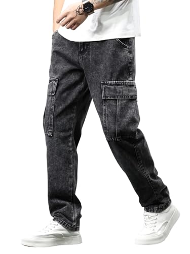 Zewool Herren Baggy Cargo Jeans mit Weitbeinschnitt im lockeren Oversize Schnitt Hip Hop Streetwear Denimhose aus Jeansstoff Cargo-Hose in entspannter Passform im 2000er-Jahre-Style,A18 Schwarz,S von Zewool