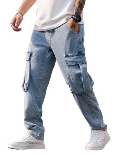 Zewool Herren Baggy Cargo Jeans mit Weitbeinschnitt im lockeren Oversize Schnitt Hip Hop Streetwear Denimhose aus Jeansstoff Cargo-Hose in entspannter Passform im 2000er-Jahre-Style,B18 Hellblau,M von Zewool