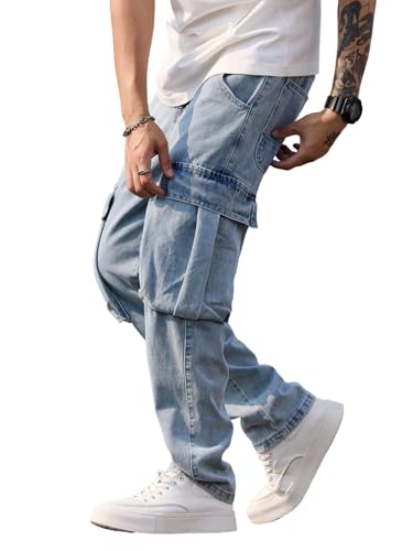 Zewool Herren Baggy Cargo Jeans mit Weitbeinschnitt im lockeren Oversize Schnitt Hip Hop Streetwear Denimhose aus Jeansstoff Cargo-Hose in entspannter Passform im 2000er-Jahre-Style,B18 Hellblau,XXL von Zewool