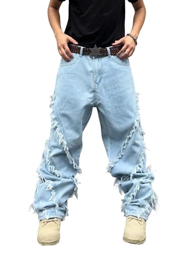 Zewool Herren Baggy Jeans Y2K Hip Hop Skater Jeans Patchwork Ausgefranste Kanten Jeans Weite Beinform Denim-Hose Fransen Streetwear Lockere Entspannte Passform Cowboy Skateboard,A10 Blau,XXL von Zewool