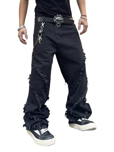 Zewool Herren Baggy Jeans Y2K Hip Hop Skater Jeans Patchwork Ausgefranste Kanten Jeans Weite Beinform Denim-Hose Fransen Streetwear Lockere Entspannte Passform Cowboy Skateboard,B10 Schwarz,XXL von Zewool