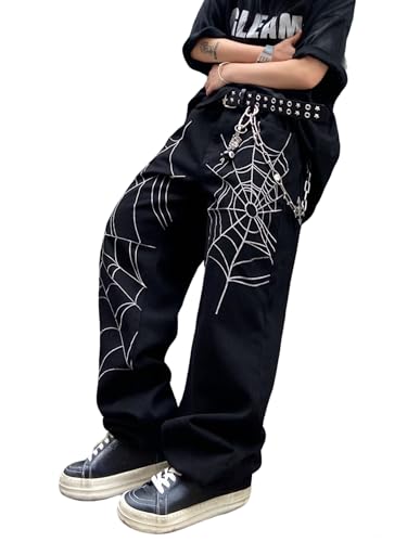 Zewool Herren Baggy Jeans Schwarz XXL, Spinnennetz-Stickerei, Y2K Hip Hop Denim-Hosen, Streetwear, Weit geschnittene Skater Jeans, Niedrige Taille, Standardlänge von Zewool