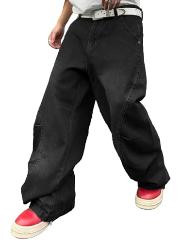 Zewool Herren Baggy Jeans mit unregelmäßigen Nähten lässige Mode Y2K Hip Hop Wide Leg Denim-Hosen Streetwear lockere Passform gerade Beinform entspannter Schnitt Skater Skateboard,A Schwarz,XXL von Zewool