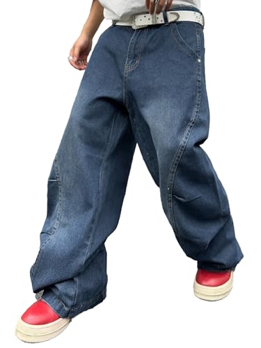 Zewool Herren Baggy Jeans mit unregelmäßigen Nähten lässige Mode Y2K Hip Hop Wide Leg Denim-Hosen Streetwear lockere Passform gerade Beinform entspannter Schnitt Skater Skateboard,B Blau,S von Zewool