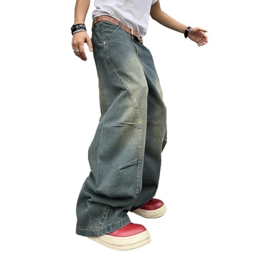 Zewool Herren Baggy Jeans mit unregelmäßigen Nähten lässige Mode Y2K Hip Hop Wide Leg Denim-Hosen Streetwear lockere Passform gerade Beinform entspannter Schnitt Skater Skateboard,C Retro-Blau,S von Zewool