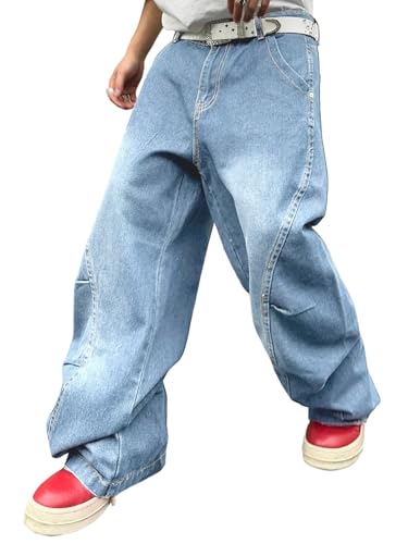 Zewool Herren Baggy Jeans mit unregelmäßigen Nähten lässige Mode Y2K Hip Hop Wide Leg Denim-Hosen Streetwear lockere Passform gerade Beinform entspannter Schnitt Skater Skateboard,D Hellblau,M von Zewool