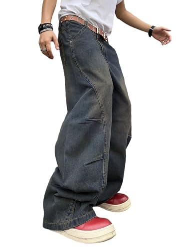 Zewool Herren Baggy Jeans mit unregelmäßigen Nähten lässige Mode Y2K Hip Hop Wide Leg Denim-Hosen Streetwear lockere Passform gerade Beinform entspannter Schnitt Skater Skateboard,F Blau,L von Zewool