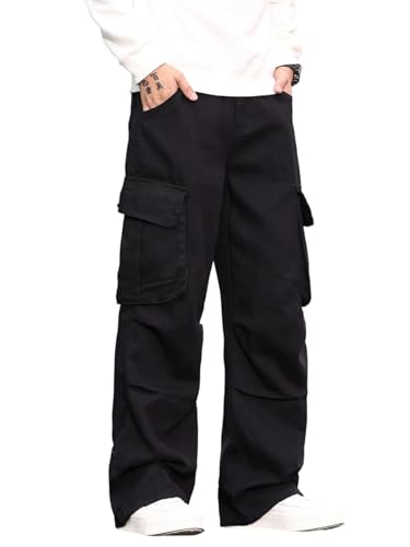 Zewool Herren Casual Wide-Leg Denim Cargo-Hosen Hose Mittelschwere Baggy Jeans mit Taschen Skater Y2K Hip Hop Streetwear Entspannte Lockere Passform 2000er Wandern und Reisen,A10 Schwarz,M von Zewool
