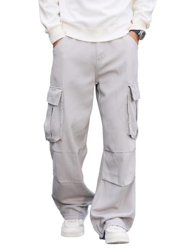 Zewool Herren Casual Wide-Leg Denim Cargo-Hosen Hose Mittelschwere Baggy Jeans mit Taschen Skater Y2K Hip Hop Streetwear Entspannte Lockere Passform 2000er Wandern und Reisen,B10 Grau,XL von Zewool