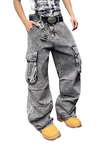 Zewool Herren Casual Wide-Leg Denim Cargo-Hosen Hose Mittelschwere Baggy Jeans mit Taschen Skater Y2K Hip Hop Streetwear Entspannte Lockere Passform 2000er Wandern und Reisen,F10 Dunkelgrau,M von Zewool