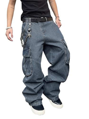 Zewool Herren Casual Wide-Leg Denim Cargo-Hosen Hose Mittelschwere Baggy Jeans mit Taschen Skater Y2K Hip Hop Streetwear Entspannte Lockere Passform 2000er Wandern und Reisen,G10 Haze Blau,XXL von Zewool
