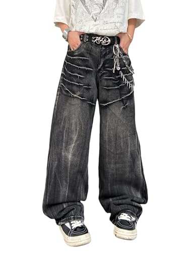 Zewool Herren Distressed Baggy Jeans Y2K Hip Hop Weite Beinform Skater Jeans Lässige Lockere Passform Denim-Hosen Streetwear Gerade Entspannte Passform 2000er Skateboard,A10 Black,S von Zewool