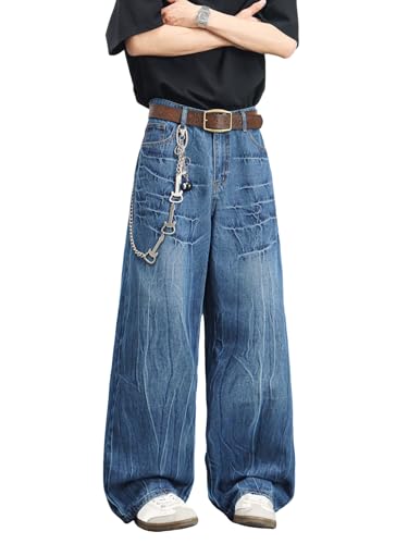 Zewool Herren Distressed Baggy Jeans Y2K Hip Hop Weite Beinform Skater Jeans Lässige Lockere Passform Denim-Hosen Streetwear Gerade Entspannte Passform 2000er Skateboard,C10 Blau,L von Zewool
