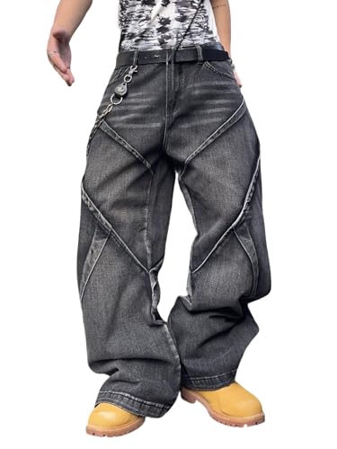 Zewool Herren Distressed Baggy Jeans Y2K Hip Hop Weite Beinform Skater Jeans Lässige Lockere Passform Denim-Hosen Streetwear Gerade Entspannte Passform 2000er Skateboard,A13 Schwarz,L von Zewool