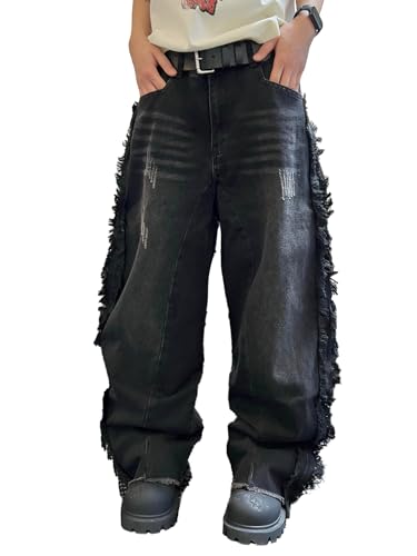 Zewool Herren Fransen-Hem Baggy Jeans Y2K Hip Hop Weit geschnittene Jeans Fransenabschluss Skater Denim-Hosen Lässige Streetwear Ripped Distressed 2000er Entspannte Oversized,A10 Schwarz,S von Zewool