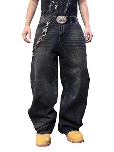 Zewool Herren Hip Hop Baggy Jeans Weite Beinform Skater Lässige Lockere Denim-Hosen Y2K Skateboard Streetwear Gerade Entspannte Passform Y2K Bewegungsfreiheit Skateboard,A10 Schwarz,M von Zewool