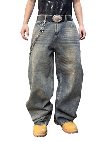 Zewool Herren Hip Hop Baggy Jeans Weite Beinform Skater Lässige Lockere Denim-Hosen Y2K Skateboard Streetwear Gerade Entspannte Passform Y2K Bewegungsfreiheit Skateboard,B10 Retro Blau,M von Zewool