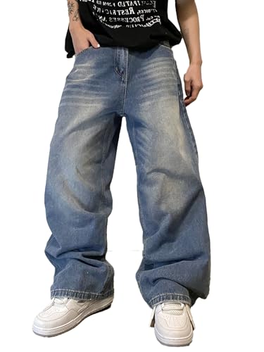 Zewool Herren Hip Hop Baggy Jeans Weite Beinform Skater Lässige Lockere Denim-Hosen Y2K Skateboard Streetwear Gerade Entspannte Passform Y2K Bewegungsfreiheit Skateboard,C10 Blau,S von Zewool
