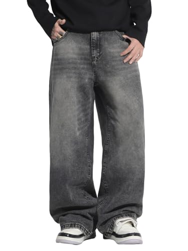 Zewool Herren Hip Hop Baggy Jeans Weite Beinform Skater Lässige Lockere Denim-Hosen Y2K Skateboard Streetwear Gerade Entspannte Passform Y2K Bewegungsfreiheit Skateboard,D10 Grau,XS von Zewool