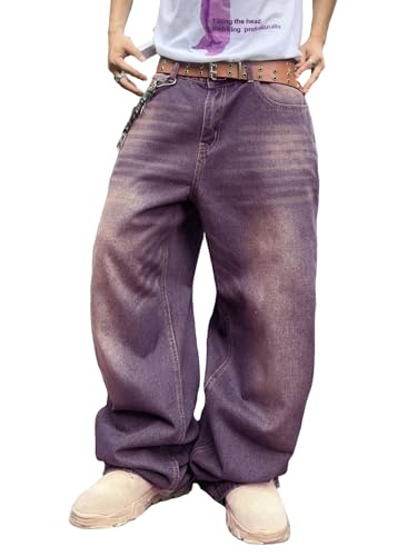 Zewool Herren Hip Hop Baggy Jeans Weite Beinform Skater Lässige Lockere Denim-Hosen Y2K Skateboard Streetwear Gerade Entspannte Passform Y2K Bewegungsfreiheit Skateboard,E10 Lila,XS von Zewool