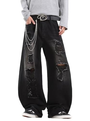 Zewool Herren Hip Hop Baggy Jeans Weite Beinform Skater Jeans Lässige Lockere Denim-Hosen Y2K Skateboard Streetwear Entspannte Passform Y2K Skateboard Zerrissen Abgenutzt Zerstört,A12 Schwarz,M von Zewool