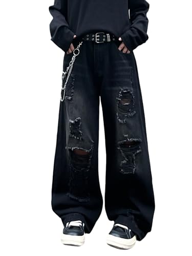 Zewool Herren Hip Hop Baggy Jeans Weite Beinform Skater Jeans Lässige Lockere Denim-Hosen Y2K Skateboard Streetwear Entspannte Passform Y2K Skateboard Zerrissen Abgenutzt Zerstört,A12 Schwarz,XL von Zewool