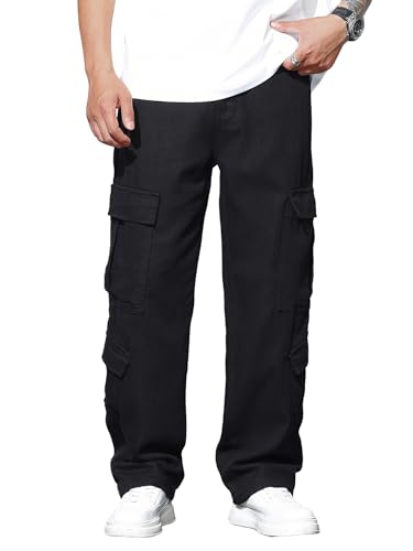 Zewool Herren Casual Baggy Cargo Denim-Hosen Hose mit Taschen Weite Beinform Skater Jeans Y2K Hip Hop Streetwear Gerade Hosen Entspanntes Lockere Passform 2000er Skateboard Streetwear,A10 Schwarz,M von Zewool