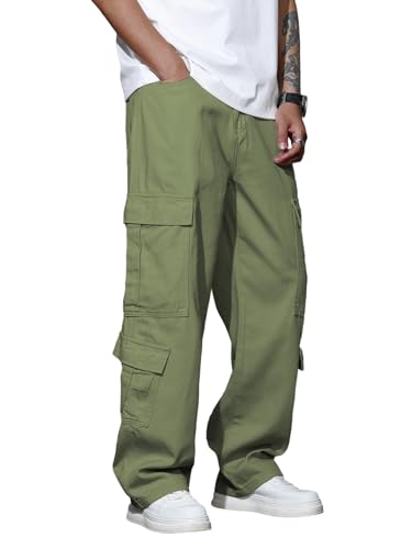 Zewool Herren Casual Baggy Cargo Denim-Hosen Hose mit Taschen Weite Beinform Skater Jeans Y2K Hip Hop Streetwear Gerade Hosen Entspanntes Lockere Passform 2000er Skateboard Streetwear,C10 Grün,S von Zewool