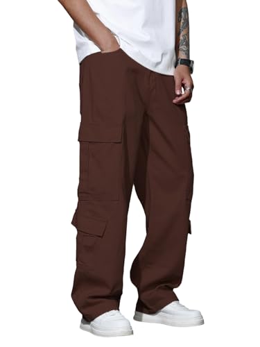 Zewool Herren Casual Baggy Cargo Denim-Hosen Hose mit Taschen Weite Beinform Skater Jeans Y2K Hip Hop Streetwear Gerade Hosen Entspanntes Lockere Passform 2000er Skateboard Streetwear,D10 Braun,S von Zewool