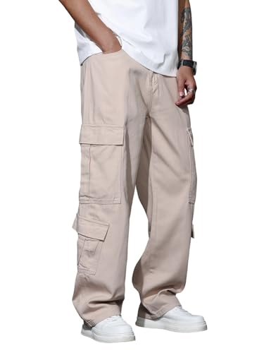 Zewool Herren Casual Baggy Cargo Denim-Hosen Hose mit Taschen Weite Beinform Skater Jeans Y2K Hip Hop Streetwear Gerade Hosen Entspanntes Lockere Passform 2000er Skateboard Streetwear,E10 Khaki,M von Zewool
