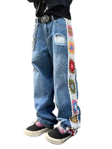 Zewool Herren Ripped Baggy Jeans mit floralem Häkelmuster weit geschnittene Denim-Hosen zerstörte Jeans Y2K Hip Hop Distressed 2000er lockere entspannte Passform Skater Streetwear,A10 Blau,XL von Zewool