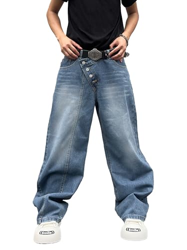 Zewool Herren Schrägknopf Baggy Jeans Skater Jeans Y2K Hip Hop Jeans Weite Beinform Denim-Hosen 2000er Super Gerade Lockere Entspannte Passform Bewegungsfreiheit Streetwear,A10 Blau,XL von Zewool