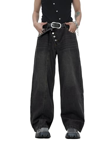 Zewool Herren Schrägknopf Baggy Jeans Skater Y2K Hip Hop Weite Beinform Denim-Hosen 2000er Super Gerade Lockere Entspannte Passform Bewegungsfreiheit Streetwear, C10 Schwarz, XS von Zewool