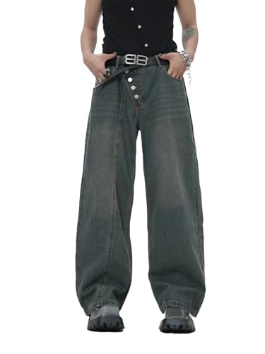 Zewool Herren Schrägknopf Baggy Jeans Skater Y2K Hip Hop Weite Beinform Denim-Hosen 2000er Super Gerade Lockere Entspannte Passform Bewegungsfreiheit Streetwear, D10 Dunkel Blau, XL von Zewool
